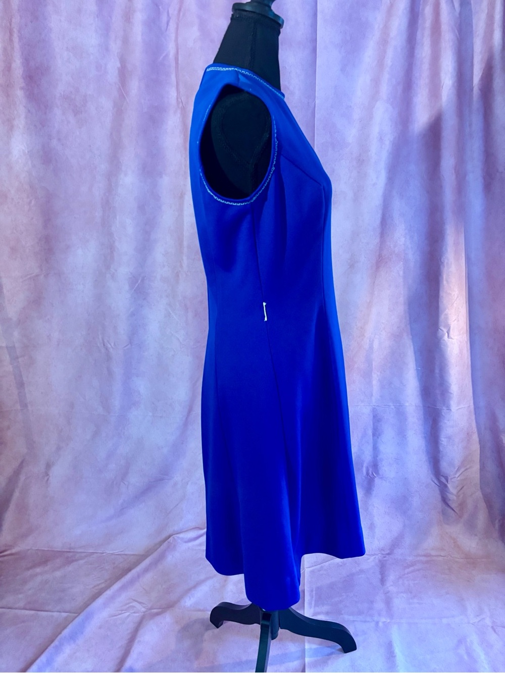 Vintage 60s 70s Butte Knit Royal Blue Mod Fit & Flare Dress Sleeveless Trim M/L - Picture 7 of 16